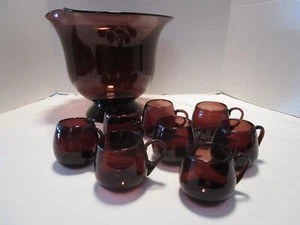 VTG. MCM Barware cocktail Amethyst Glass Punch Bowl 9 Pc. Ser handblown 1970's - Picture 1 of 12