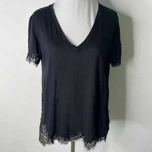 Helmut Lang Women's Black Lace Trimming Short Sleeve V-Neck Blouse Size Small - Picture 1 of 9