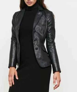 Women Black Genuine Leather Blazer Jacket Soft Lambskin 3 Button Coat Slim-fit - Picture 1 of 4