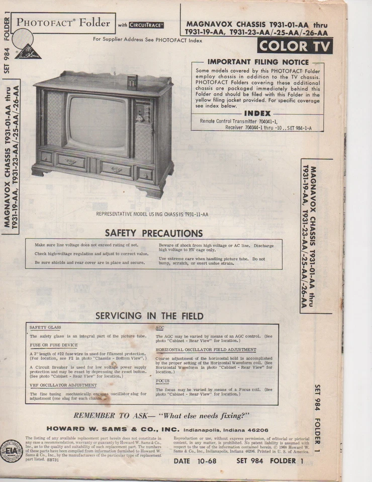 Magnavox T931-01-AA 1968 a través de T931-19-AA manual de servicio de televisión Photofact +++ Foto 1 de 1