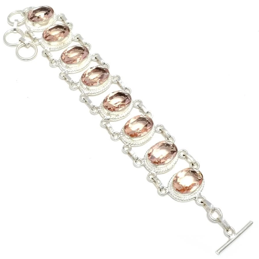 Brazalete de joyería de plata de ley 925 hecho a mano con piedras preciosas de morganita melocotón tamaño 7-8" Foto 1 de 1
