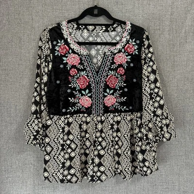 Mujer Boho Negro Terciopelo Floral Geométrico Top Bordado Grunge Festival Talla M Foto 1 de 4