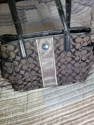 Coach F24882 Black Signature Python Print Stripe Tote Womens Ladies Bag Purse - Image 1 of 4