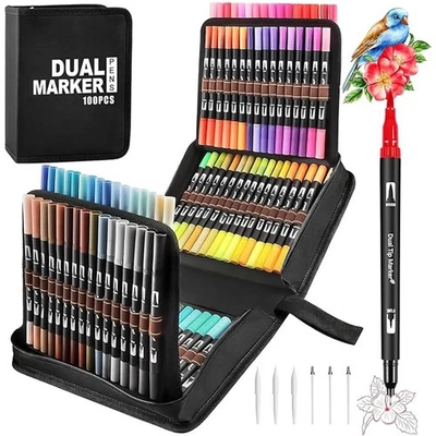 MARKENLOS Dual Brush Pen Set 100 Farben Pinselstifte Set Dicke und Dünne Aquarell Marker