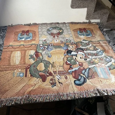 Disneyland Disney Parks Mickey Mouse Christmas Woven Afghan Throw Blanket Fringe - Image 1 of 4