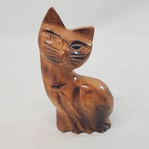 VTG Hand Carved Wooden Cat Figurine Sitting Made in Philippines 4.25" Glossy - Picture 1 of 9