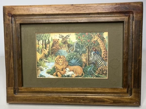 Retro Wooden Frame Art Print Jungle Animals Friend Lion Zebra Trees Matted 11x8" - Picture 1 of 14