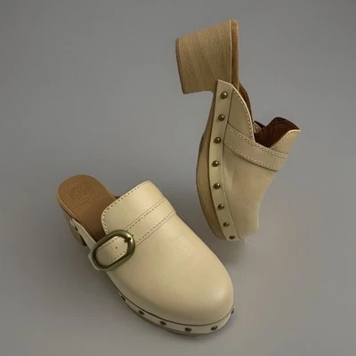 Unisa Damen Clogs 38 Echtleder Beige Holzsohle Nieten Plateau Absatz Vintage - Bild 1 von 4