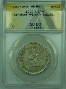 1929-A 3RM Marks Germany Weimar Hindenburg Silver ANACS AU-50 Details Cleaned - Picture 1 of 2