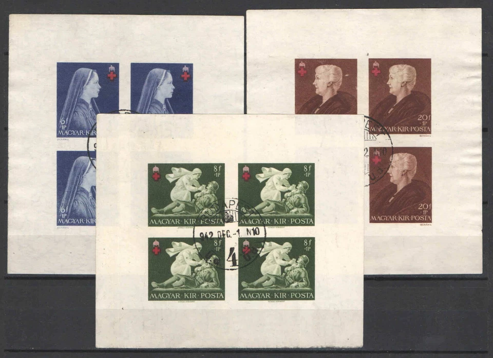 Hungría 1942. Hojas IMPERF Cruz Roja, usadas CTO Mi.: 696-698 B / 100 EUR Foto 1 de 1