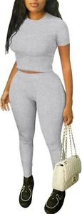 Casual Workout Two Piece Outfits for Women Fitted Crew Medium, Heather Grey - Picture 1 of 7