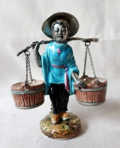 Rare Vintage Silver-Metal & Blue Porcelain Chinese Buddhist Water Carrier Figure - Picture 1 of 10