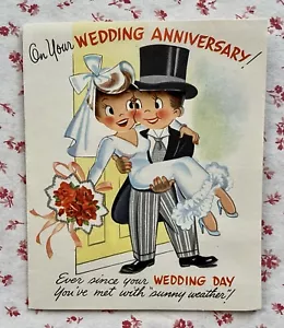 Linda tarjeta de felicitación de novia y novio de aniversario vintage de mediados de siglo SIN USAR - Imagen 1 de 3