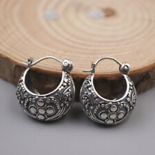 Real 925 Sterling Silver Flower-Pattern Band Hoop Earrings 0.78" Hoop