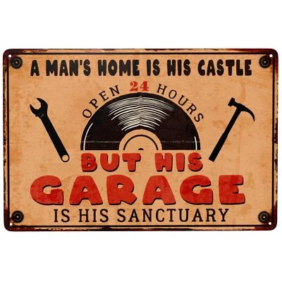 Placa de metal decoração de parede caverna homem garagem estanho, 12 x 8 polegadas, a casa de um homem é dele... - Imagem 1 de 4