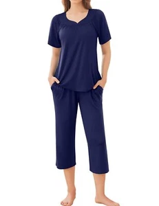 Capri Pajamas Short Sleeve Mumu Pjs Sets 2 Pieces Pleated Top and Capri Pants... - Picture 1 of 4