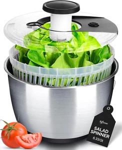 Stainless Steel Pump Salad Spinner Large - Easy Compact Kitchen Tool - Stainless - Picture 1 of 12