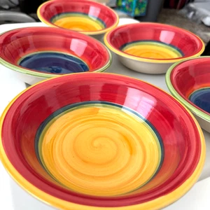 5 ROYAL NORFOLK Mambo Swirl 7.50" Coupe Bowls  Soup Cereal Yellow Blue Swirls - Picture 1 of 17
