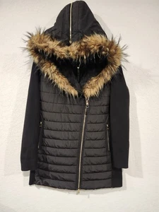 Calvin Klein Performance Women’s XL Black Quilted Coat Faux Fur Hood Water Repel - Picture 1 of 13