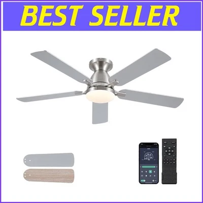52" Brushed Nickel Flush Mount Ceiling Fan with Lights & Remote Control - Image 1 of 4