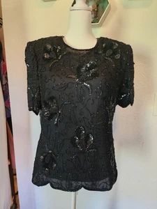 Vintage Sténay Sequin Black Beaded Blouse Scalloped Sleeves Hem Silk Size M - Picture 1 of 24