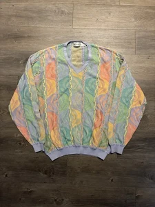 Vintage St Croix 3D Knit Sweater Mens L Biggie Coogi Cosby Style Blue Geometric - Picture 1 of 7