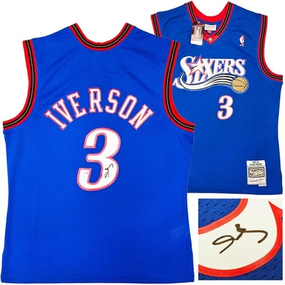 76ers Allen Iverson Auto Blue AUTH Mitchell Ness 99 HWC Swingman Jersey L BAS - Image 1 of 4