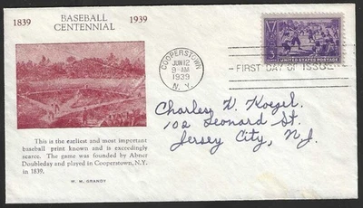1939 Baseball Centennial FDC #855 Mellone #39a.1 - GRANDY Cachet - Unsealed - Image 1 of 2