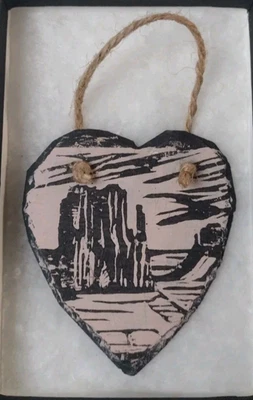 Linocut Print Utah Monument Valley Southwestern Slate heart Hanging Valentine - Image 1 of 3