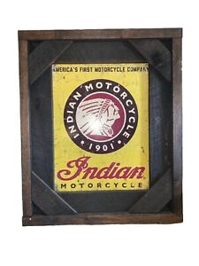 Indian Motorcycle Metal Sign Reclaimed Wood Frame 18.5” X 22.5” Framed