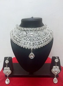 Indisch Modeschmuck Versilbert Bollywood Hochzeit Halskette Ohrring Schmuck Set - Bild 1 von 4