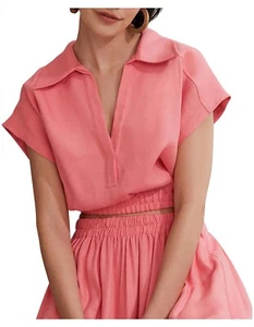 *New* COUNTRY ROAD Pink Gathered Crop Shirt Blouse SIZE 16 linen top - Picture 1 of 8