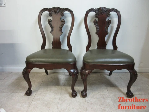 Pair Ethan Allen Mahogany Chippendale Carved Dining Room Side Chairs Ball Claw C Cover