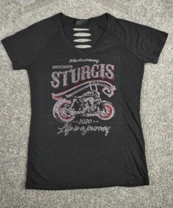 STURGIS Top Womens Medium Black Hills Motorcycle Rally Bling Slashed T Shirt - Picture 1 of 12