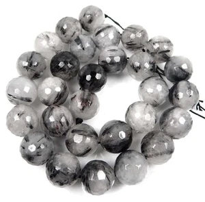 14mm Natural Black Rutilate Quartz Tourmaline Faceted Round 16" - Picture 1 of 2