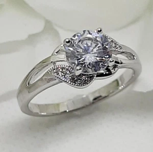 Women's Ring Silver Plated AAA Round CZ Solitaire With Accents, Cocktail Jewelry - Picture 1 of 10