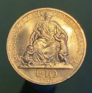 GEM UNC - Italy Vatican - 10 Lire - 1942 - 4000 Mintage - Excellent Silver Coin! - Bild 1 von 3