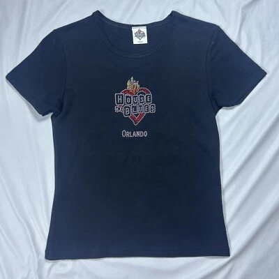 Винтажная женская футболка HOUSE OF BLUES большая приталенная со стразами Orlando черная - Изображение 1 из 4