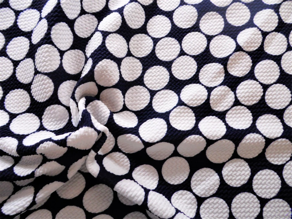 Bullet Printed Liverpool Textured Fabric Stretch Navy Big White Polka Dot N51 - Image 1 of 1