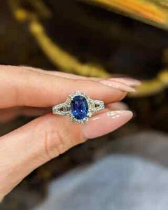 Fede Nuziale Diamante Zaffiro Naturale Taglio Ovale 2,51 Ct Vero Oro Bianco Massiccio 14K - Foto 1 di 5