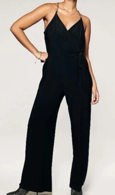Black Gold Chain Wrap Top Jumpsuit Wide Leg Sizes UK 10-24 Cruise Party Holiday - Image 1 of 4