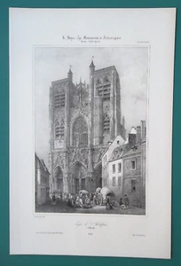 FRANCE Abbeville Catholic Church of Saint Wulfram - 1840 SCARCE Litho Print - Picture 1 of 1