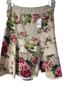 CAbi 380 Panel Skirt NWT Sz 12 Floral Flare Beige Pinks Greens Crochet Lace Trim - Picture 1 of 14