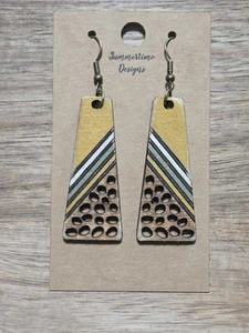 Hand Painted Laser Cut Wood Earrings Mustard And Olive Green 2" - Picture 1 of 1