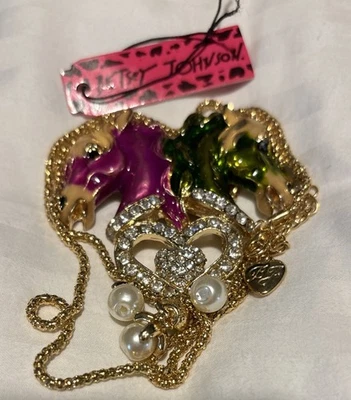 Betsey Johnson Cristal Perla Corazón Caballo Colgante y Broche en Collar Oro 28"! Foto 1 de 4