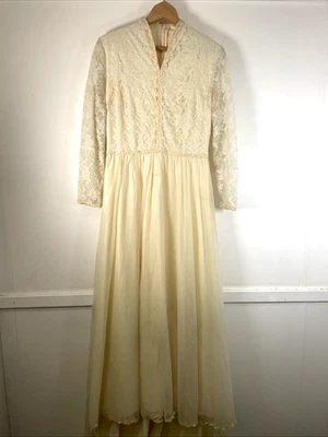 Vintage Cream Lace & Chiffon Nylon Wedding Dress  Timeless Elegant Modern UK 14 - Image 1 of 4