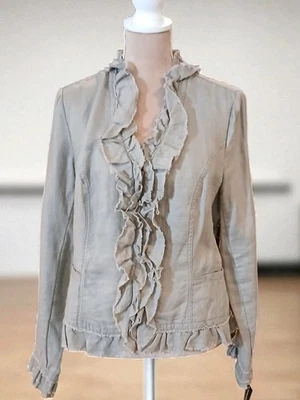 INC 100% Linen Ruffled Zip Front Jacket Blazer Green Grey Womans Large - Image 1 of 4