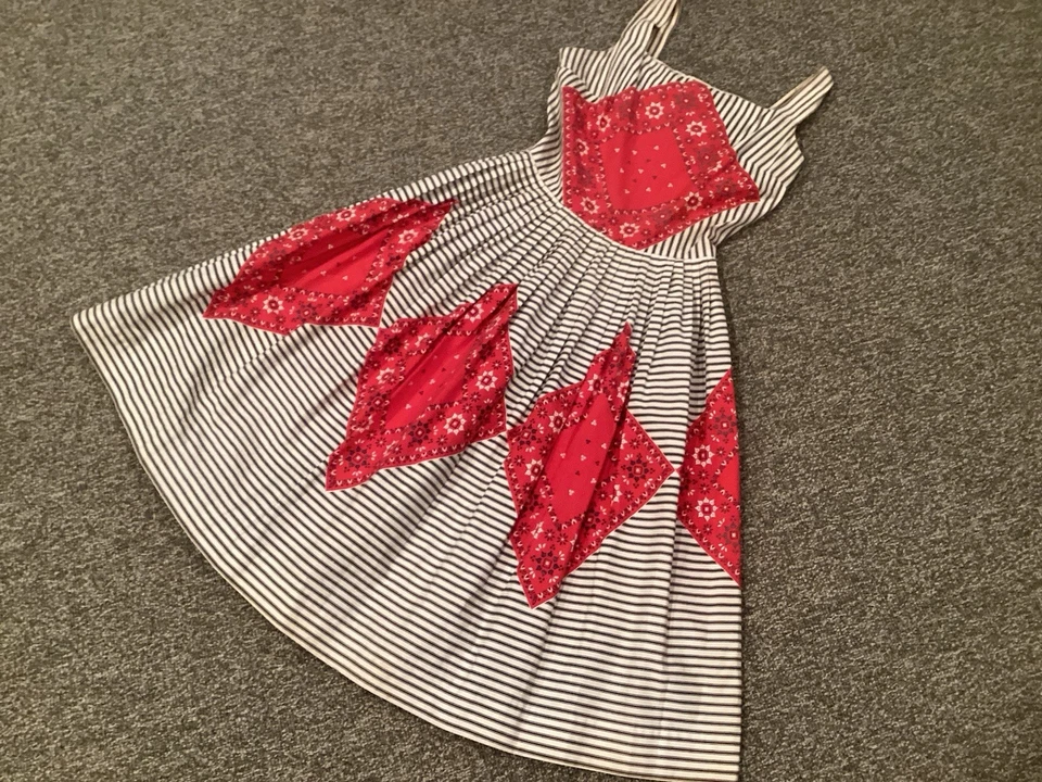 Vintage 1960s Handkerchief Sundress Cotton Blend Red Blue Ticking Med - Image 1 of 4