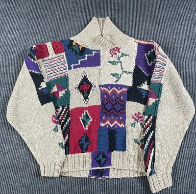 Suéter Woolrich Para Mujer Grande Beige Floral Abstracto Algodón Arte Patchwork Años 90 De Colección Foto 1 de 4