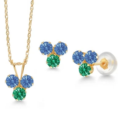 Pendientes colgantes de 3 piedras de oro amarillo de 14K de lujo con circonitas azules y circonitas verdes Foto 1 de 3